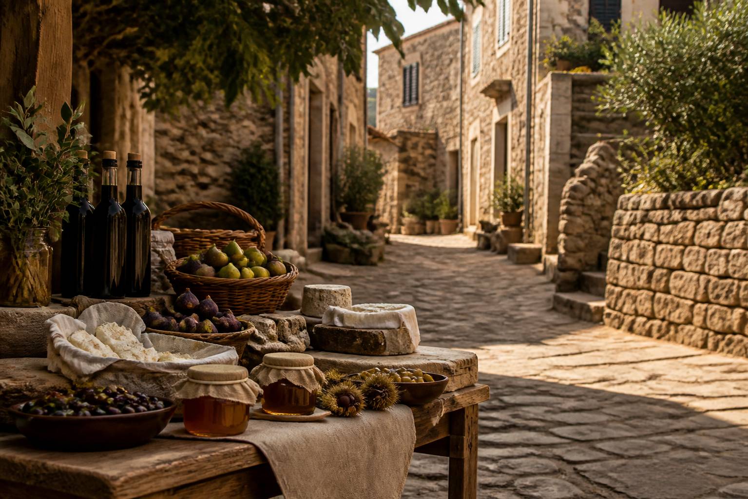 Étal de produits corses avec brocciu, vin et olives sur une table en pierre