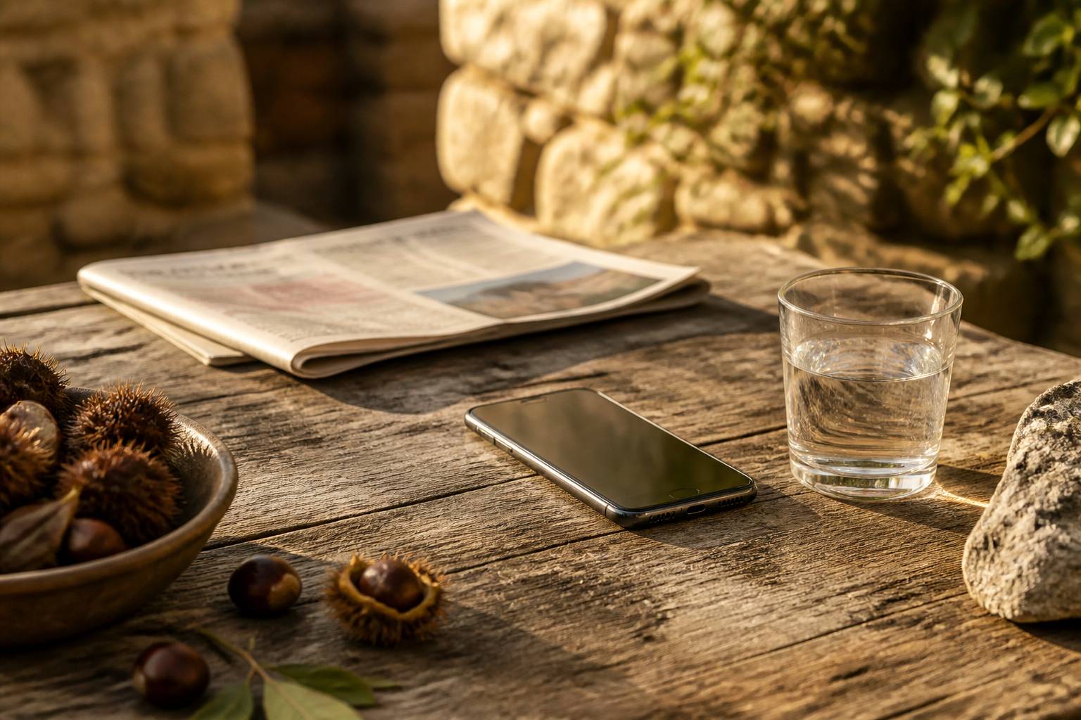 Table de village avec téléphone et journal local sans texte lisible