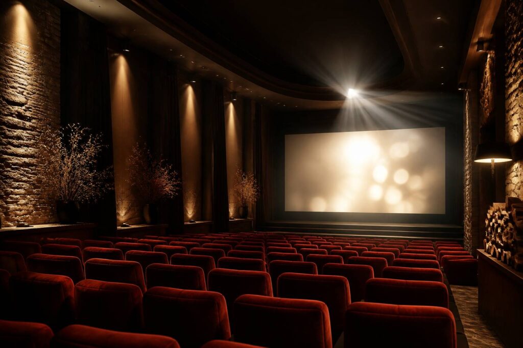 Salle de cinéma avec sièges rouges et écran lumineux