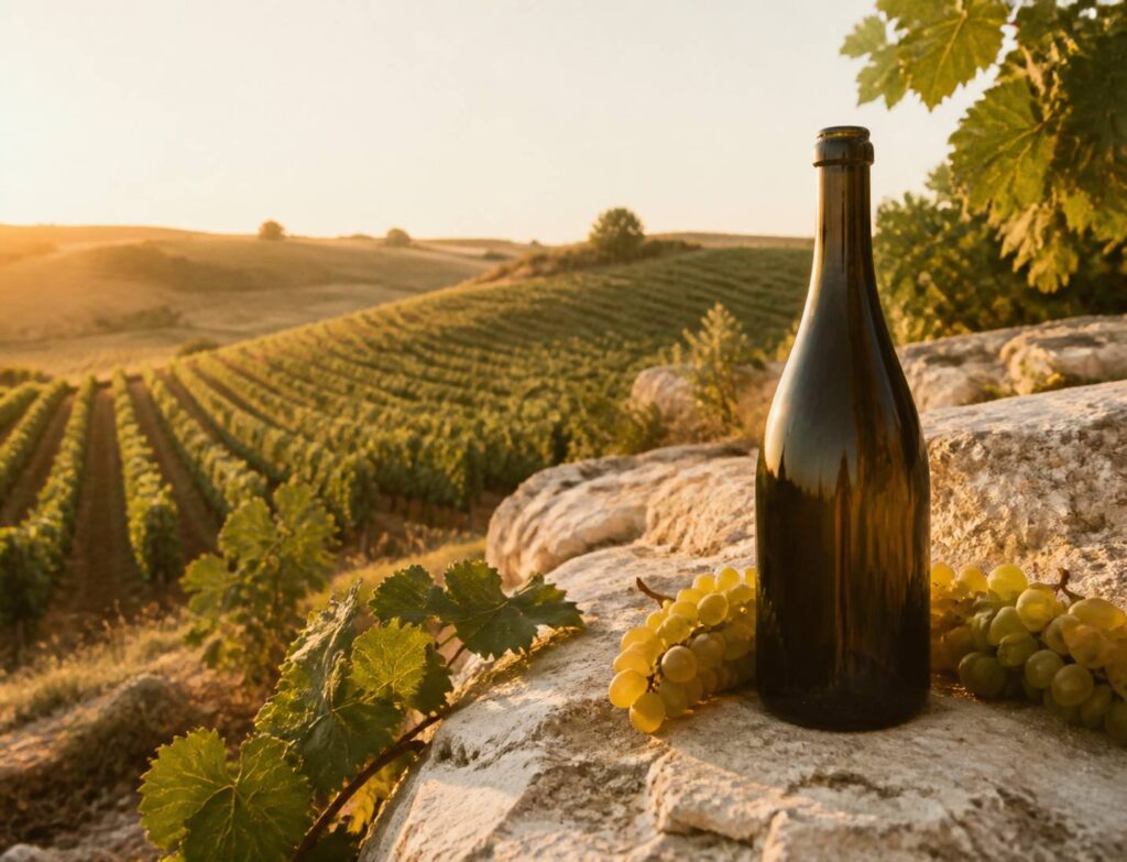 Bouteille de champagne générique posée sur une pierre crayeuse