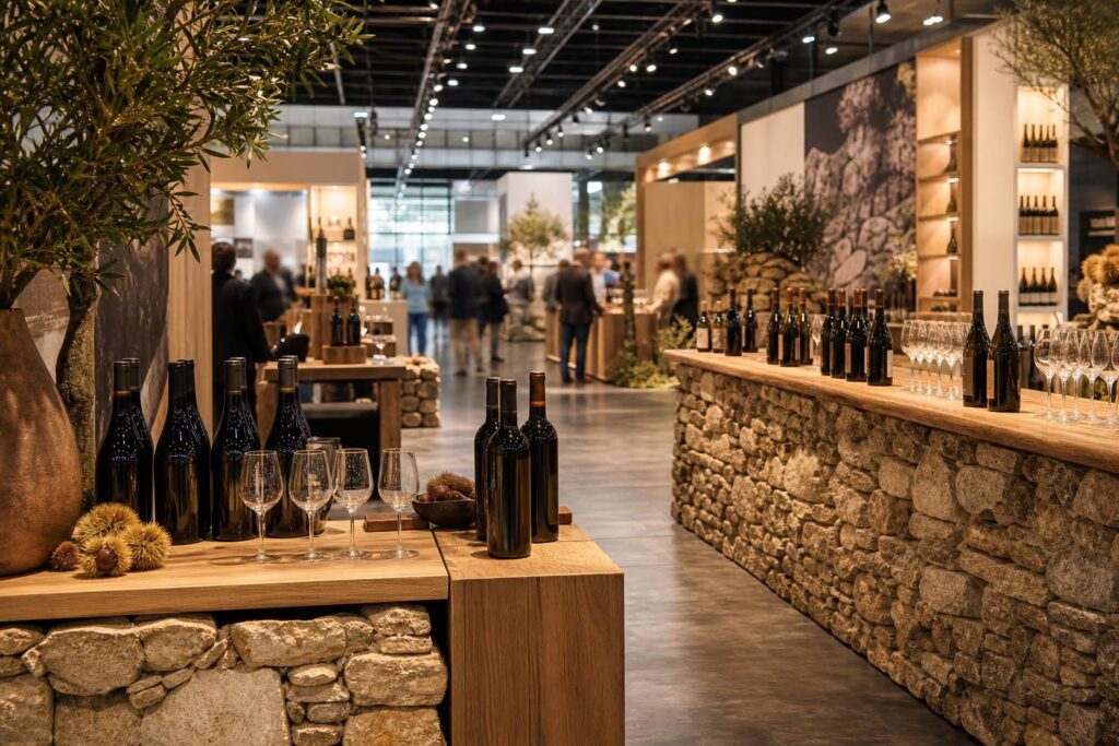 Hall d'exposition avec stands de dégustation de vin
