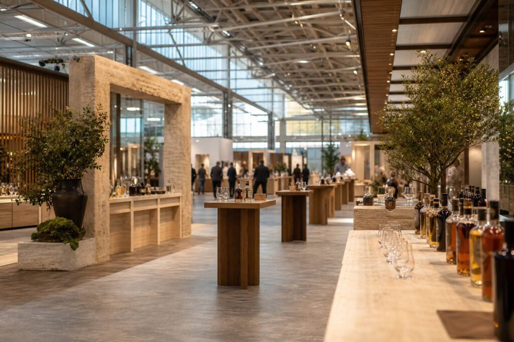 Hall de salon professionnel avec stands de dégustation et verrières