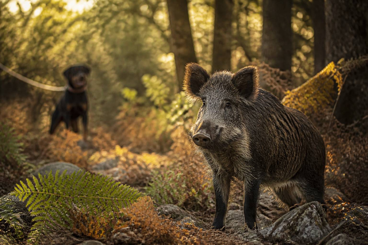 Sanglier alerte dans les fougères d'un sous-bois corse avec un chien tenu en laisse