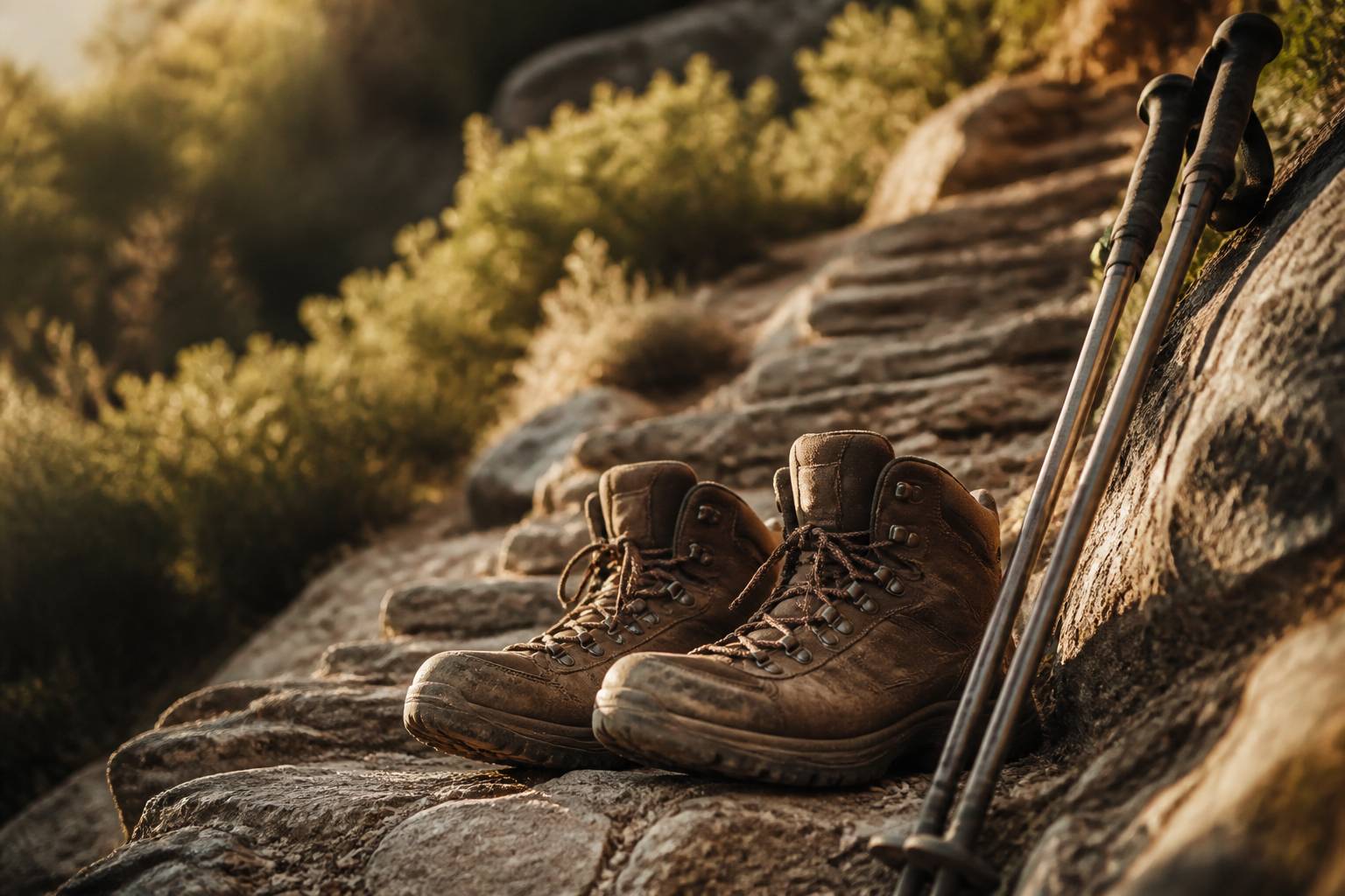 Chaussures de randonnée sur des marches de pierre d'un sentier escarpé