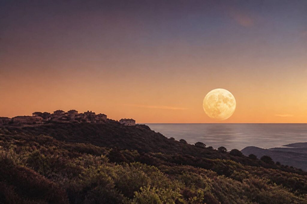 Pleine lune imposante à l'horizon au-dessus du maquis corse