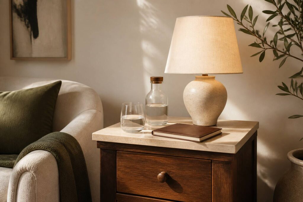 Table de chevet avec verre d'eau, flacon et carnet de santé