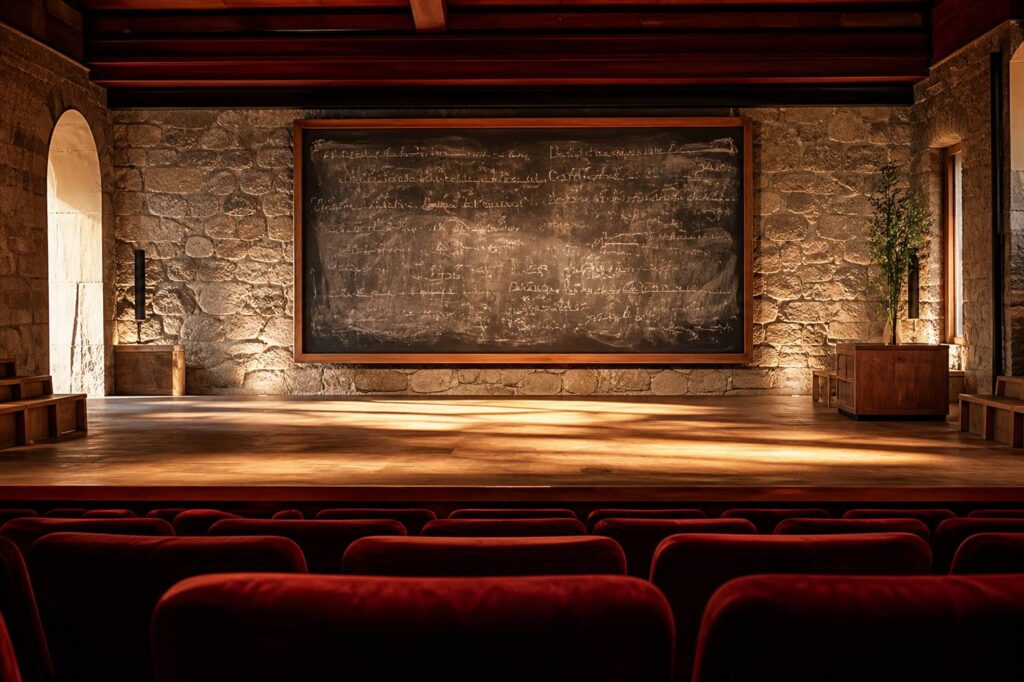 Salle de théâtre méditerranéenne avec scène et tableau de mathématiques