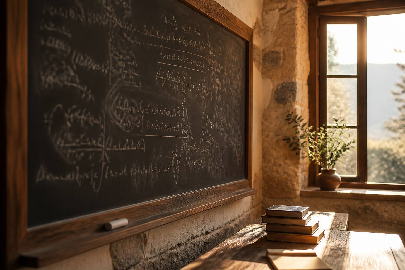 Tableau noir de formules mathématiques floues dans une lumière dorée