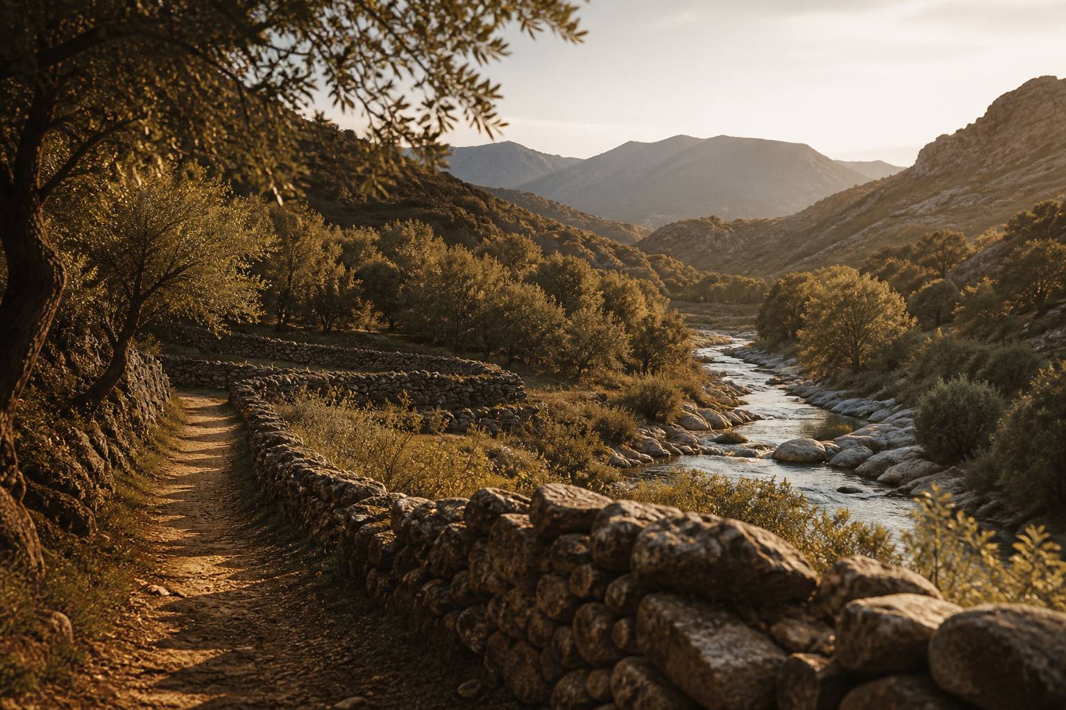 Vallée corse avec rivière serpentant entre châtaigneraies et murets de pierre