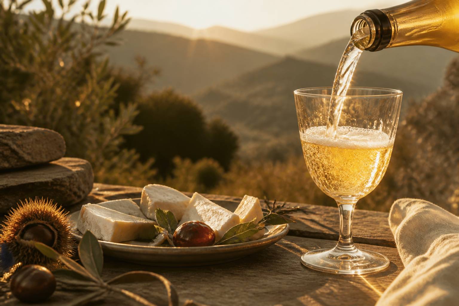 Verre en cours de remplissage d'une boisson pétillante dorée sur une table de terrasse