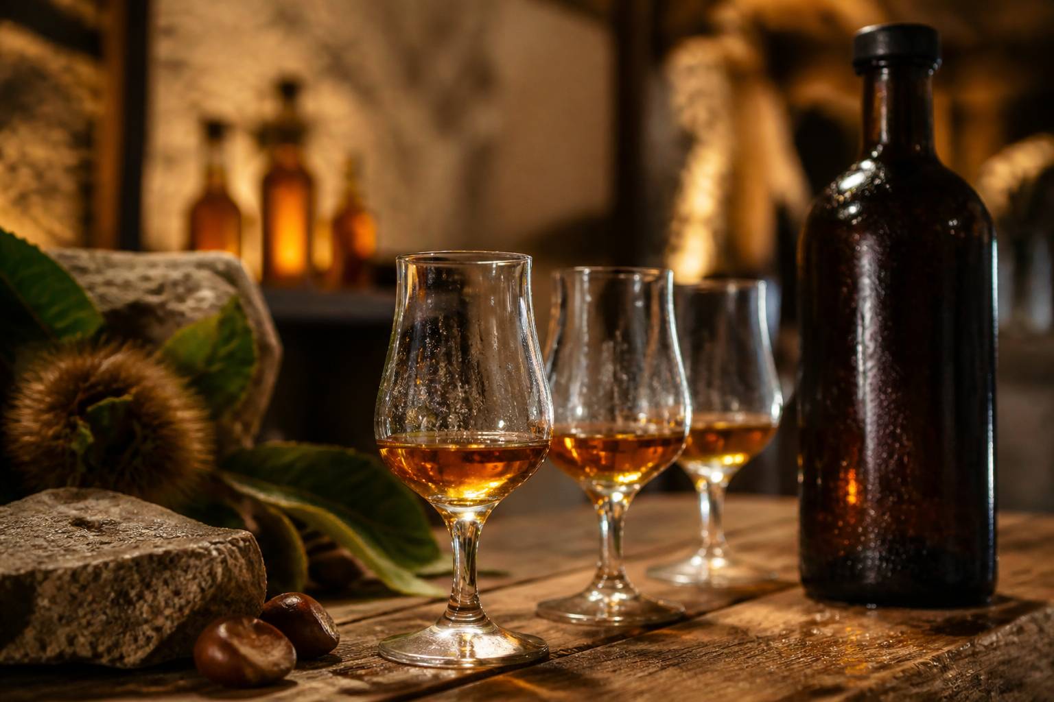 Trois verres d'alcool ambré sur un comptoir en bois de salon