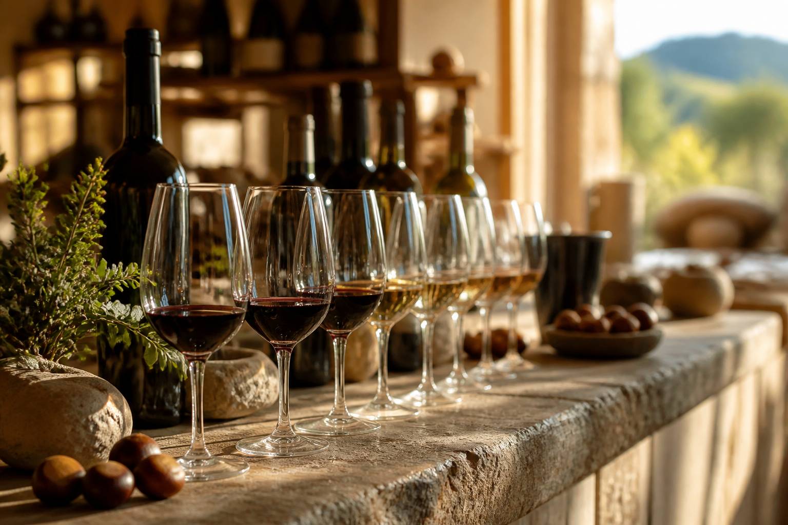 Verres de dégustation de vin alignés sur un comptoir