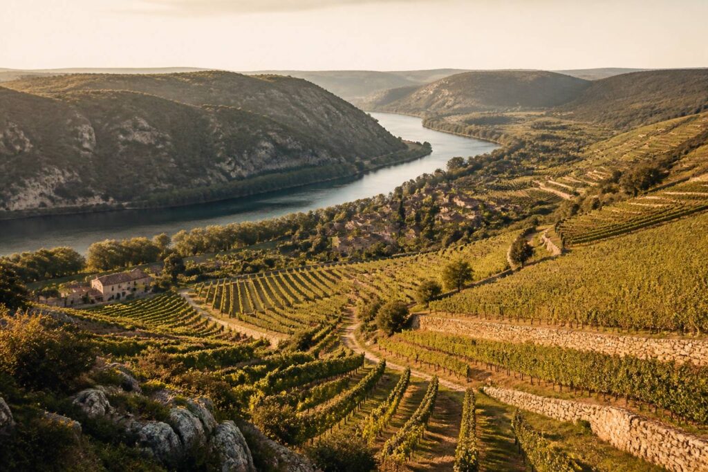 Rangées de vignes sur des collines douces près d'une rivière