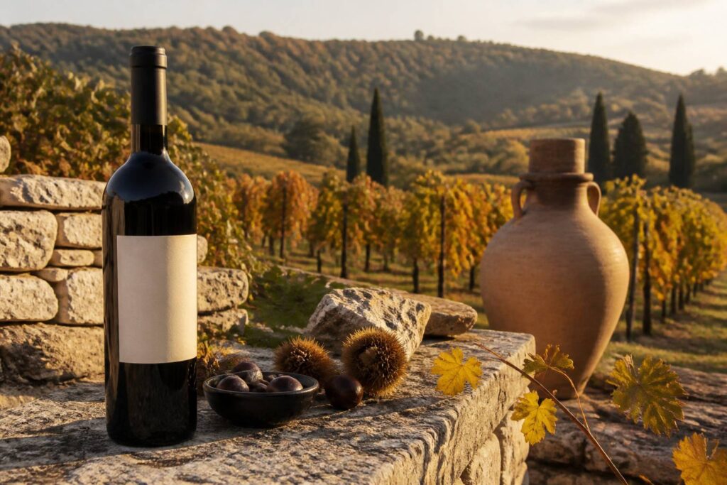 Vignoble de Bergerac en automne avec bouteille de vin rouge sur table de pierre et amphore en terre cuite