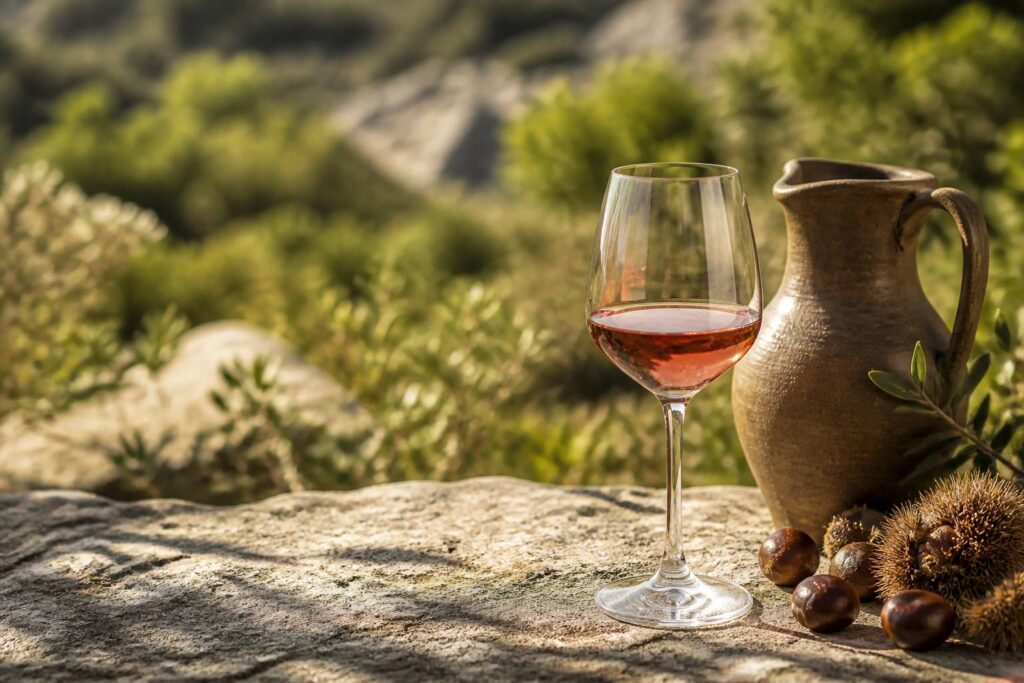 Verre de vin vermeil pâle posé sur une table en pierre avec des châtaignes