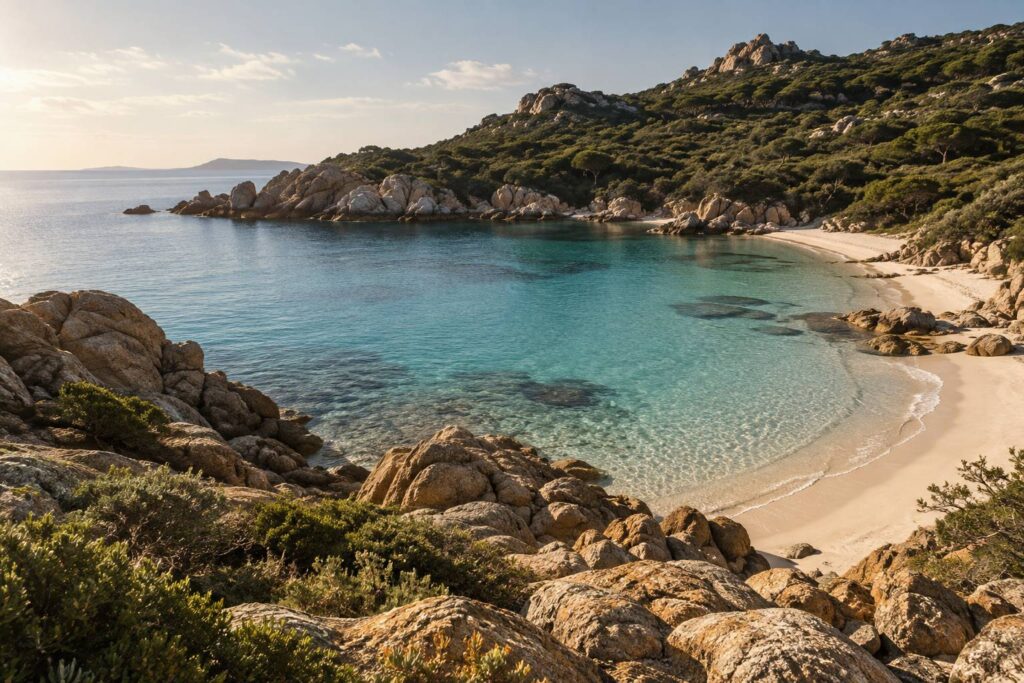 Plage méditerranéenne préservée avec eau transparente et maquis jusqu'au rivage