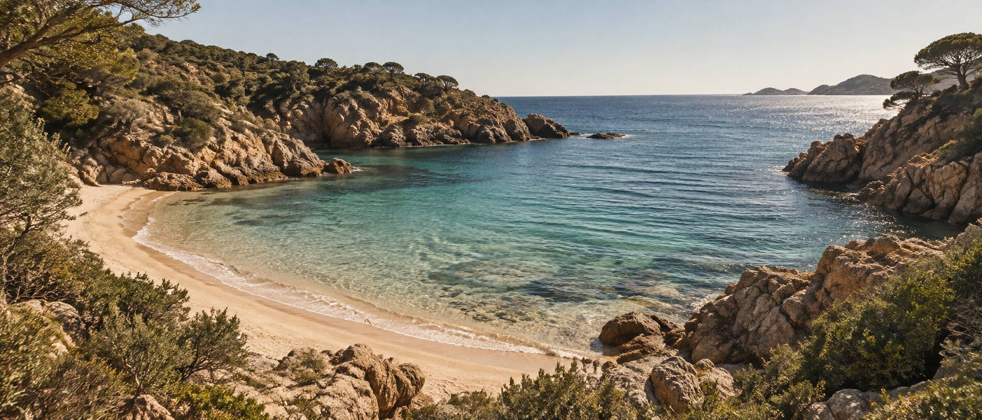 Plage méditerranéenne préservée avec eau transparente et maquis jusqu'au rivage