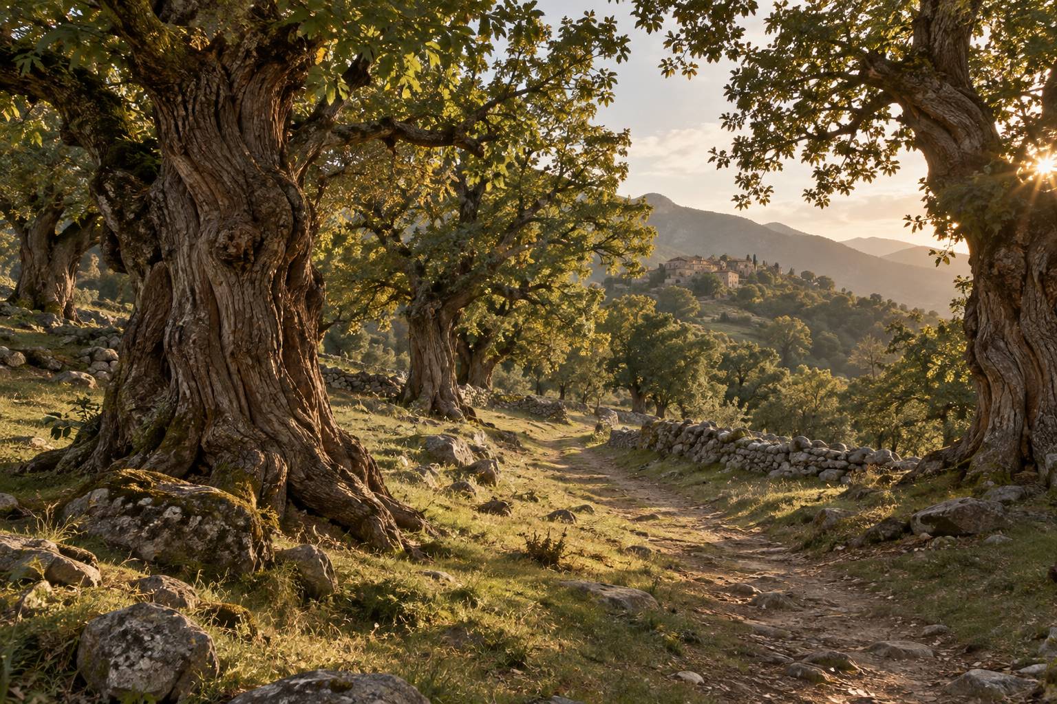 Châtaigneraie ensoleillée avec sentier menant à un hameau de pierre au loin