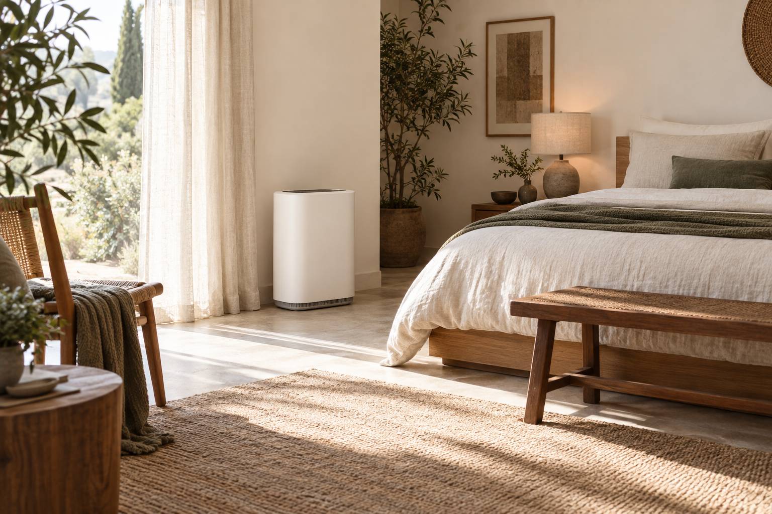 Purificateur d'air blanc mat epure dans une chambre, sans affichage lisible