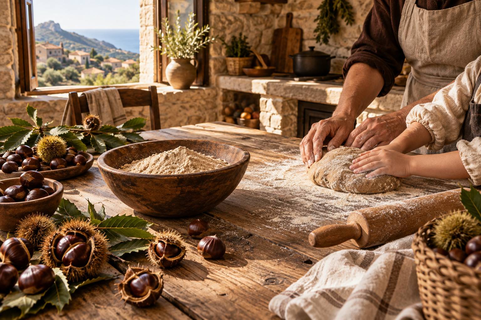 Illustration éditoriale du sujet : Cuisiner corse avec les enfants : recettes simples et goût de la châtaigne