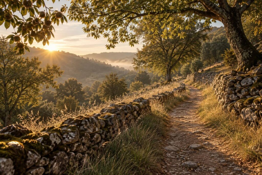 Sentier de campagne au lever du jour bordé de murets de pierre sèche