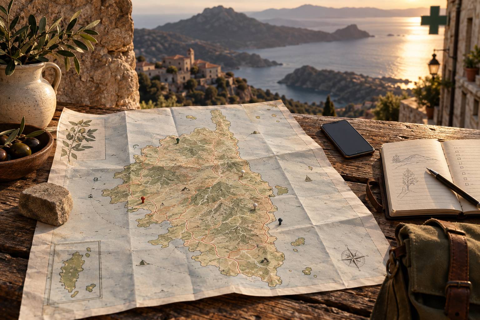 Carte de Corse et carnet pour repérer les pharmacies de garde