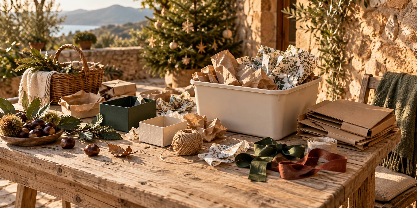 Illustration éditoriale du sujet : Emballages et papiers cadeaux : guide pratique pour un tri écologique à Bastia durant Noël