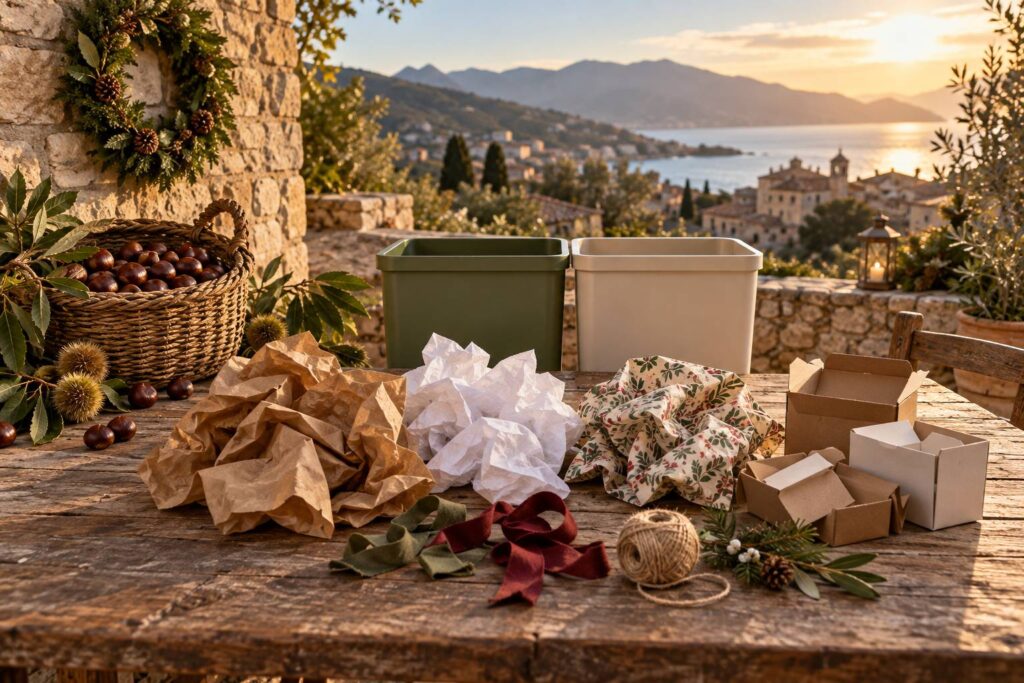 Illustration éditoriale du sujet : Emballages et papiers cadeaux : guide pratique pour un tri écologique à Bastia durant Noël