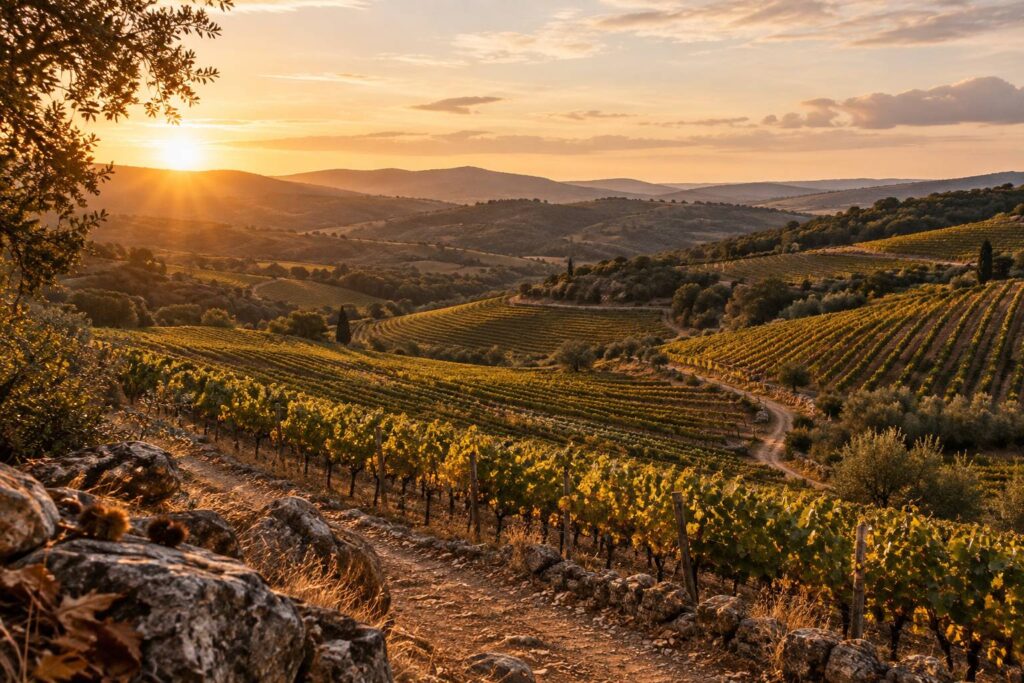 Vignoble en coteaux au coucher du soleil avec rangs de vigne alignés
