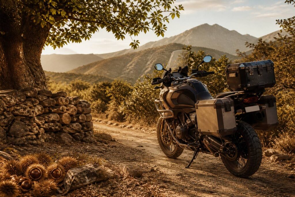 Moto d'aventure routière garée sur une piste du maquis corse au soleil couchant