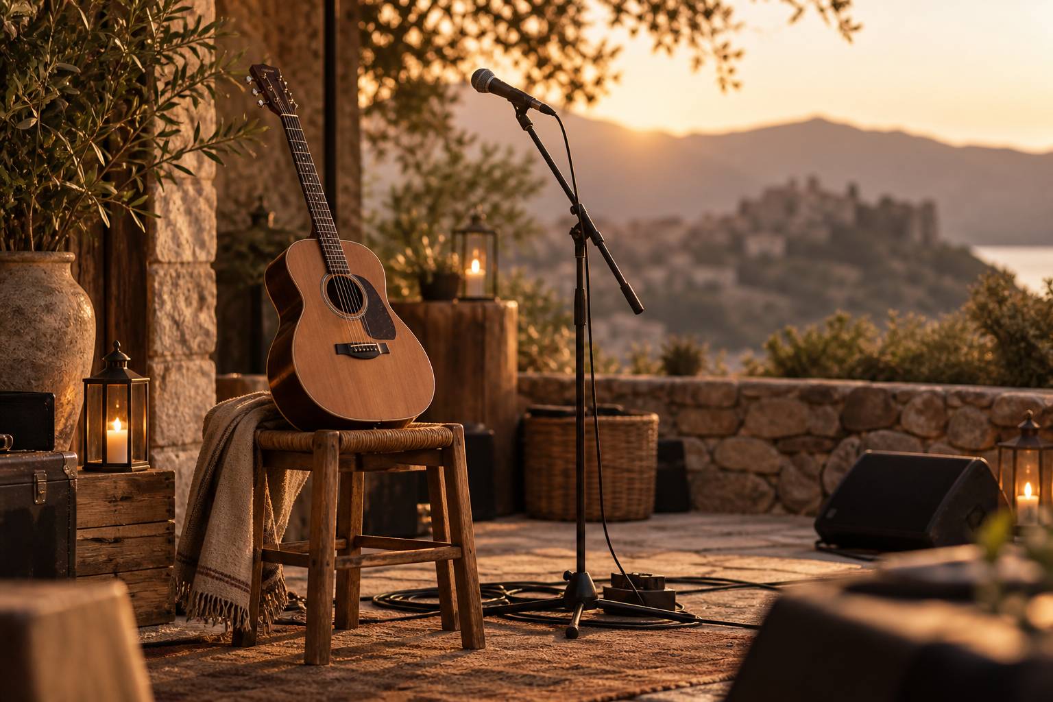 Gros plan sur une guitare acoustique et un micro sur une scène de concert
