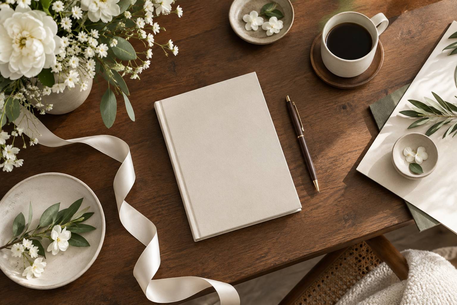 Carnet ferme et fleurs blanches sur une table dans une lumiere douce