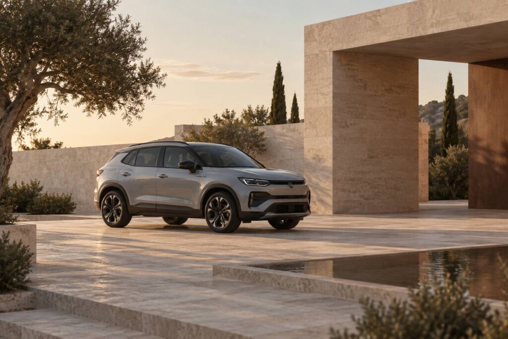 Petit SUV gris clair stationné dans un décor de pierre sobre