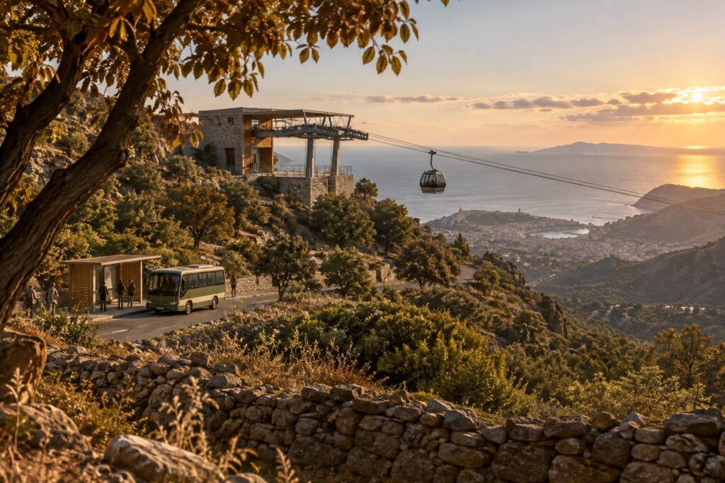 Illustration éditoriale du sujet : La Capa approuve les tarifs du téléphérique d'Ajaccio et instaure une nouvelle ligne de bus pour le desservir