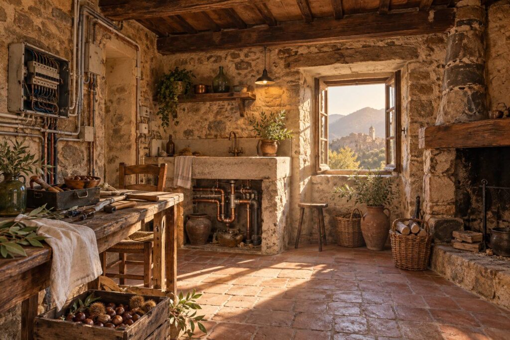 Illustration éditoriale du sujet : Maison de village : vieilles installations, pannes et choix de réparation
