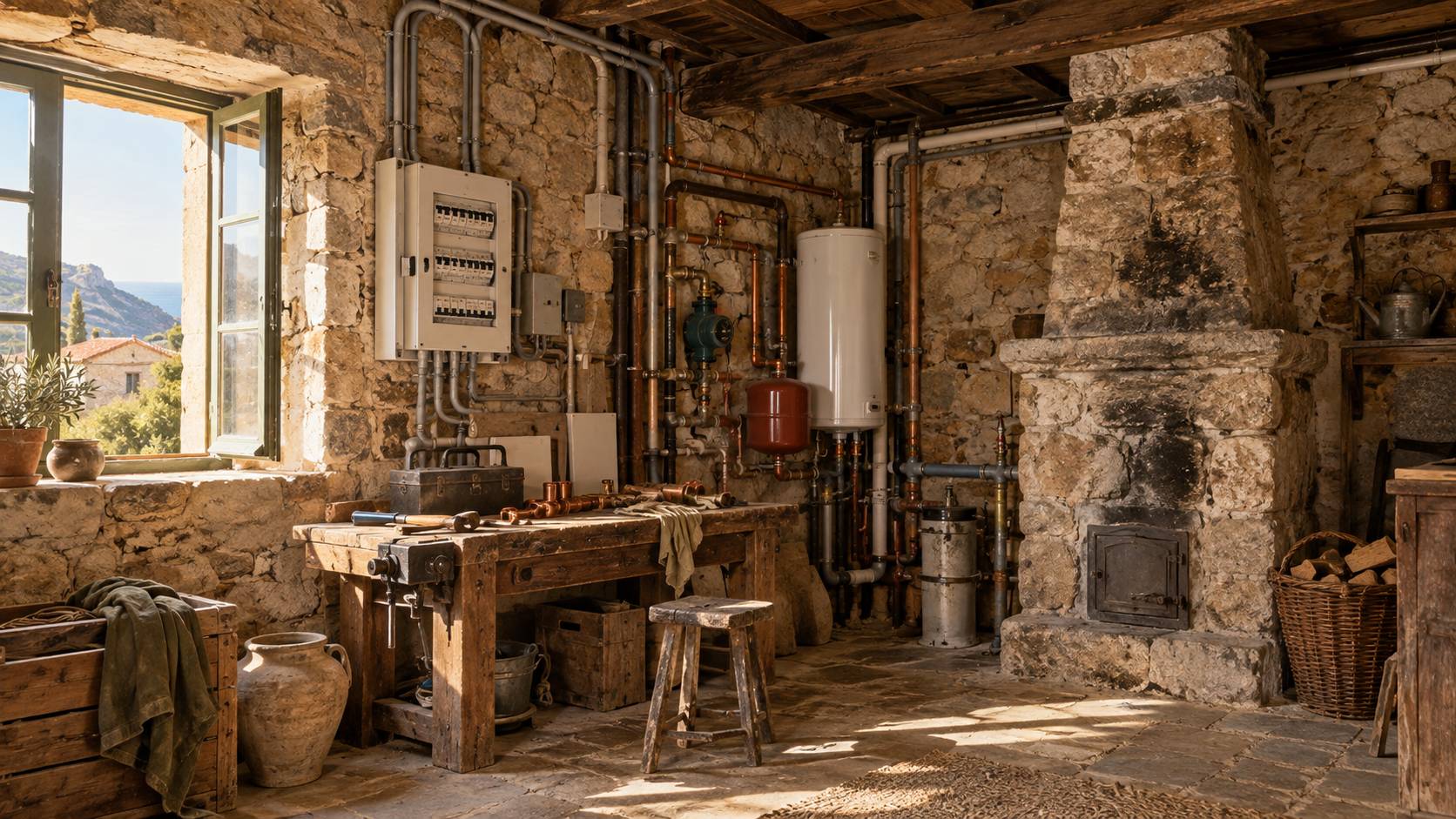 Illustration éditoriale du sujet : Maison de village : vieilles installations, pannes et choix de réparation