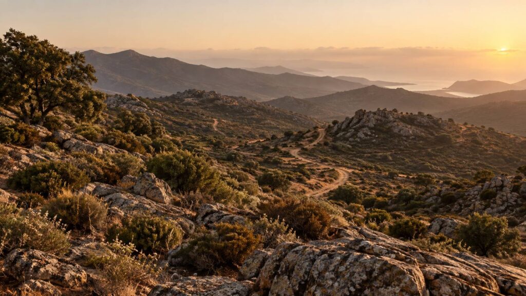Paysage de maquis méditerranéen sec sur des collines sous un ciel enfumé