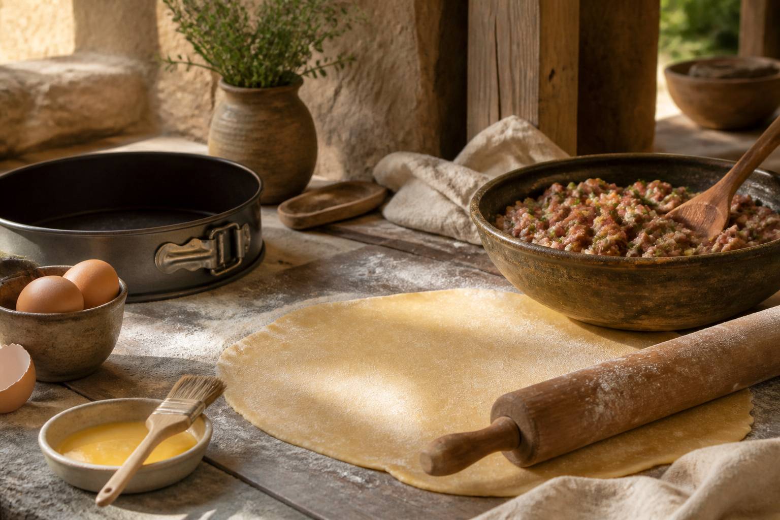 Pâte étalée au rouleau, moule et farce pour préparer un pâté-croûte maison
