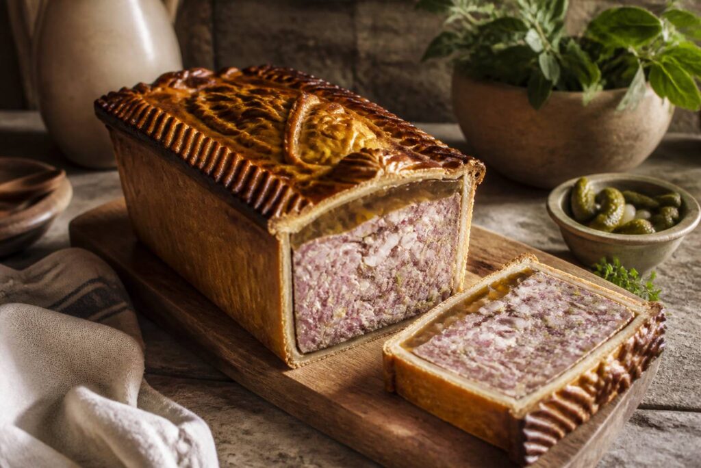 Pâté-croûte entier doré avec une tranche révélant la farce et la gelée