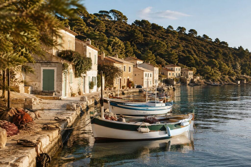 Petit port de pêche méditerranéen générique avec barques colorées