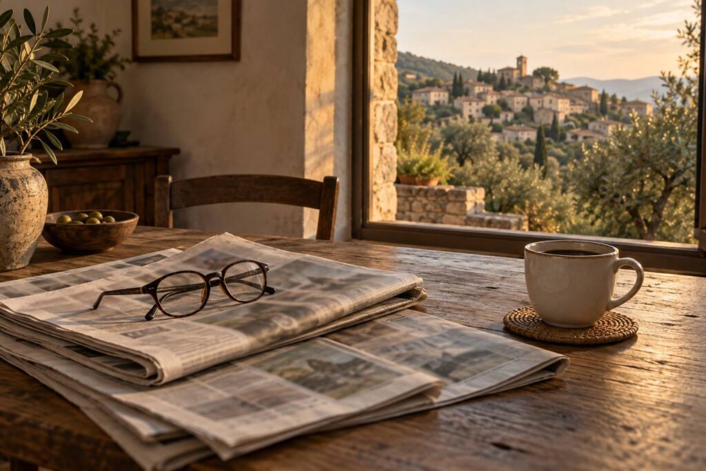 Journaux régionaux avec lunettes et café sur une table en bois