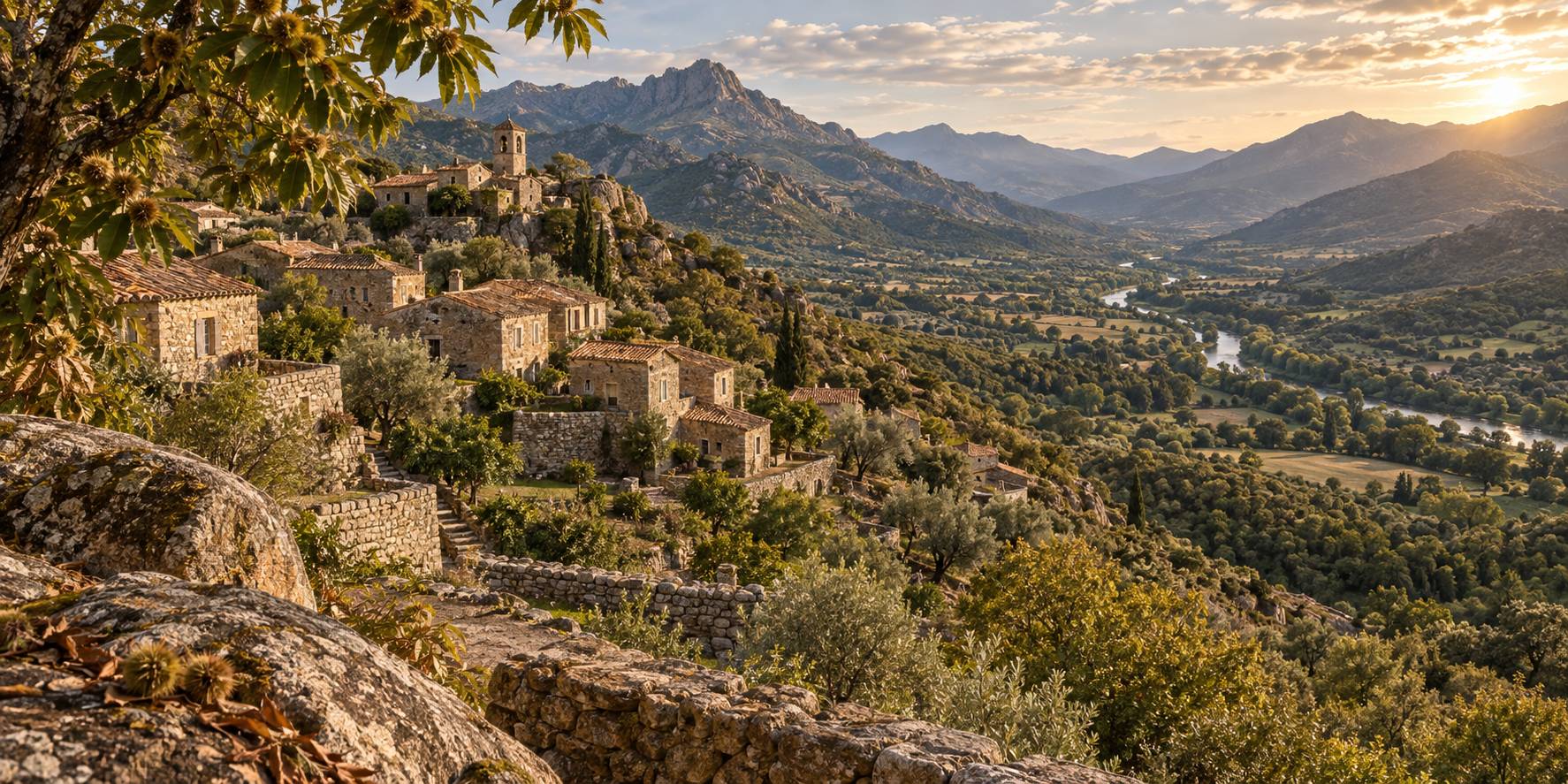 Illustration éditoriale du sujet : Speloncato : Où la Haute Balagne Rencontre la Pluie du Reginu, un Carrefour Authentique