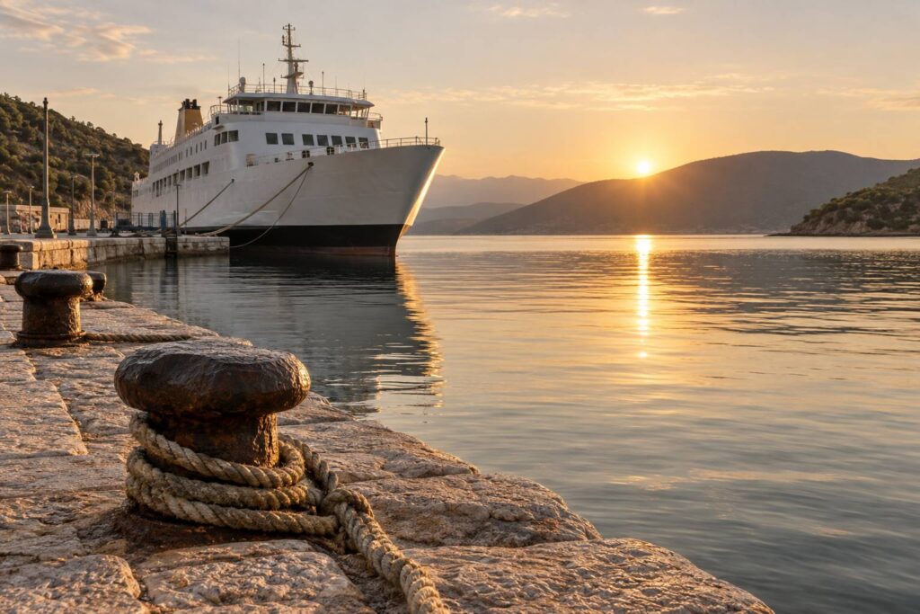 Ferry blanc amarré dans un port méditerranéen au petit matin