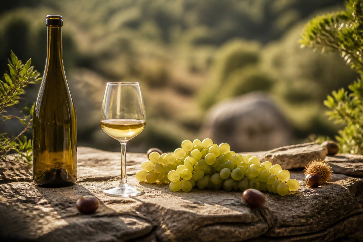 Verre de vin blanc sec posé sur une table en pierre avec une grappe de raisin