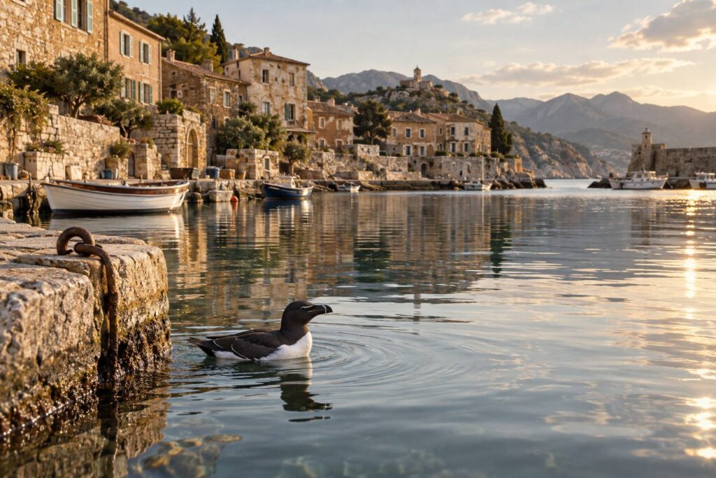 Illustration éditoriale du sujet : VIDÉO. Le pingouin torda investit le Vieux Port de Bastia : une nouvelle ambiance maritime en vue