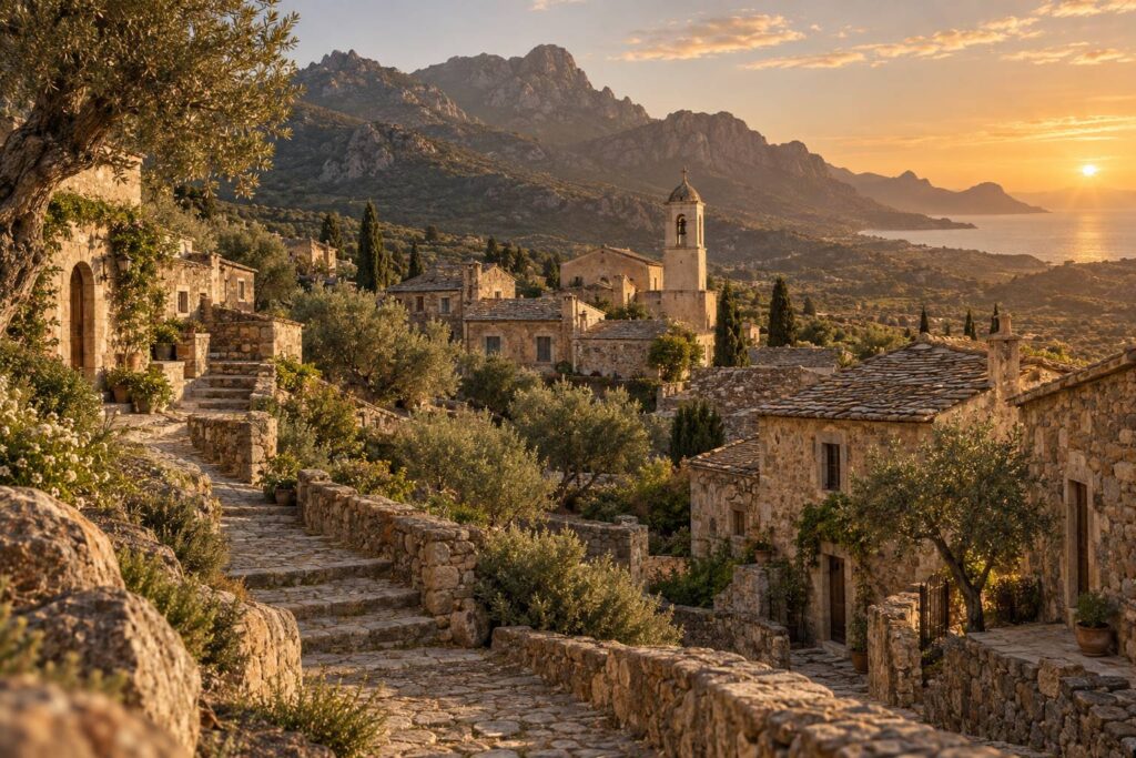 Village corse en pierre avec clocher et montagnes en Balagne