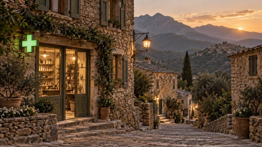 Rue d'un village corse avec une pharmacie à croix verte au crépuscule