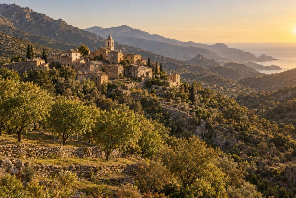 Village corse de pierre ocre entouré de châtaigniers et de maquis ensoleillé