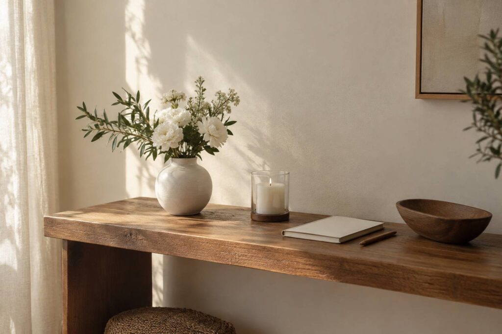 Vase de fleurs blanches et bougie sur une console en bois clair