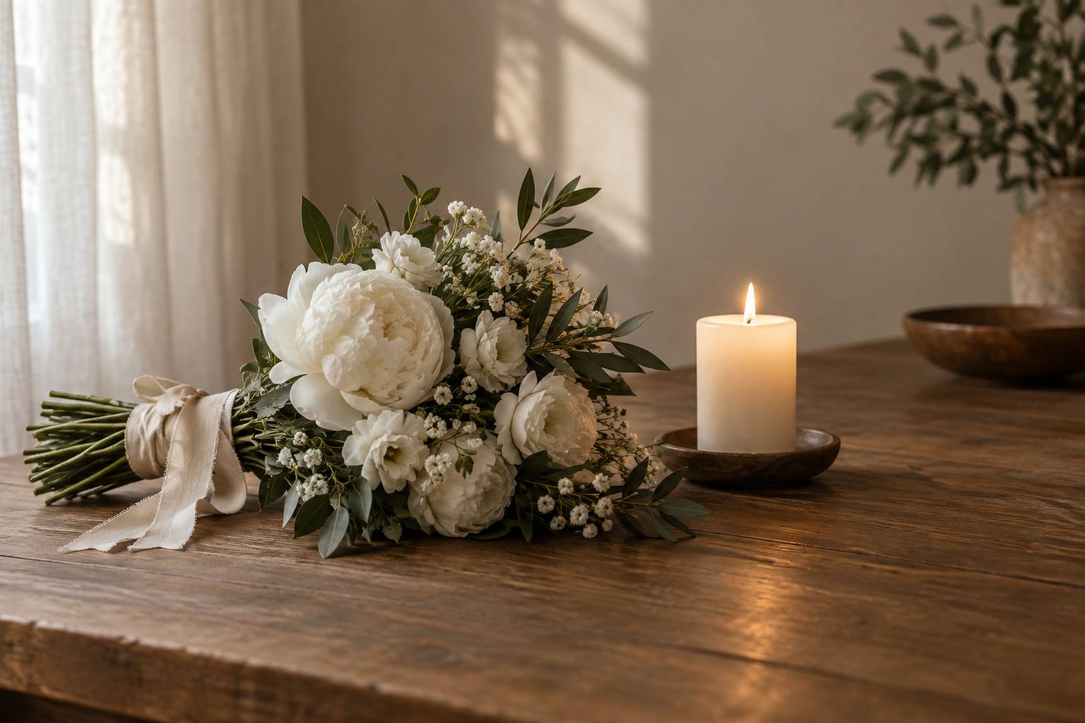 Bouquet de fleurs blanches et bougie allumée sur une table